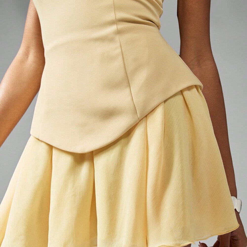 Yellow Casual Women's Strapless Crepe Chiffon A-Line Cocktail Mini Dress - Picture 6 of 6
